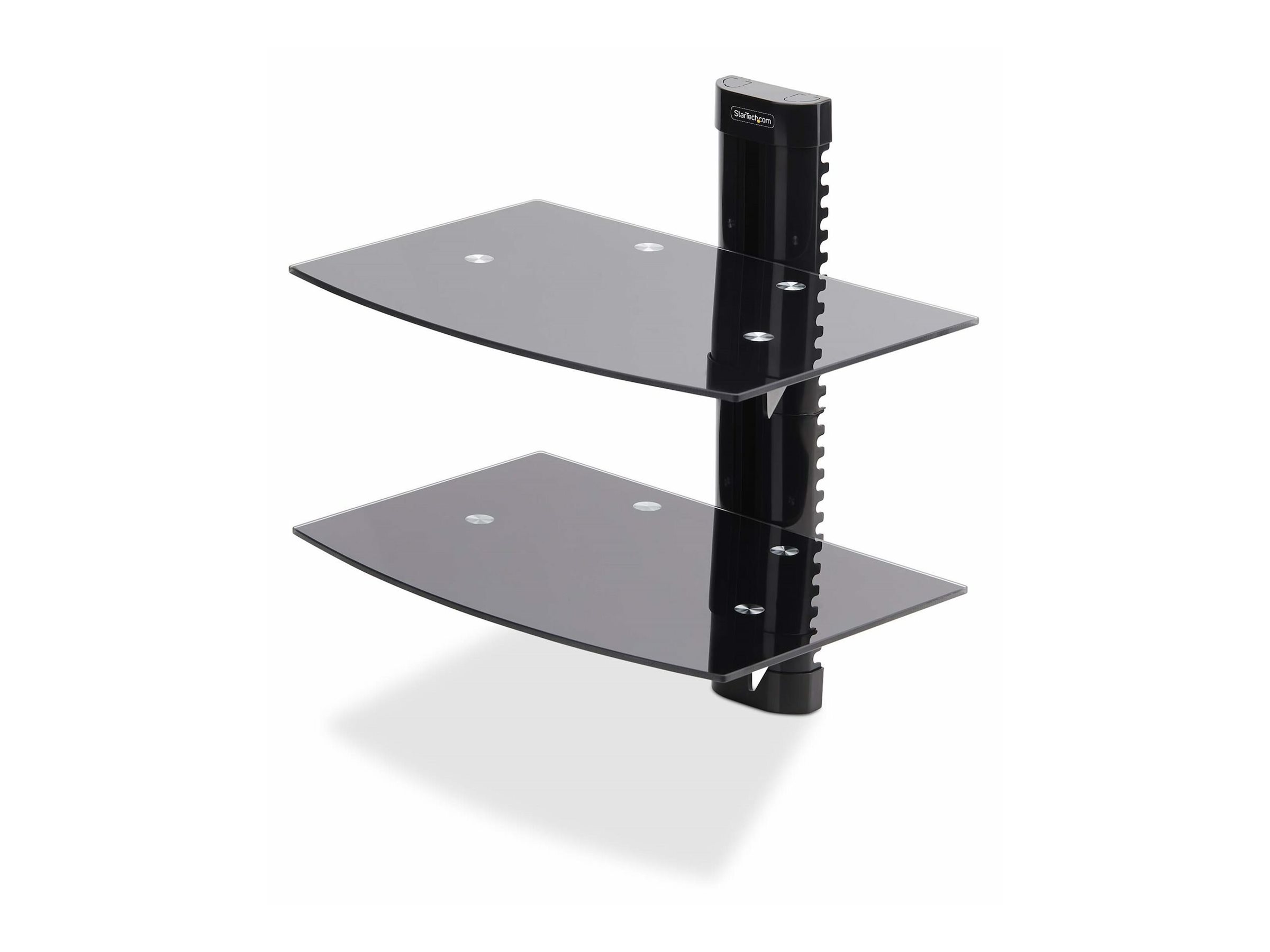 StarTech.com Dual Floating Wall-Mounted AV Shelves Adjustable Height Shelf For Under TV Organize AV Equipment On Black Tempered Glass Shelves