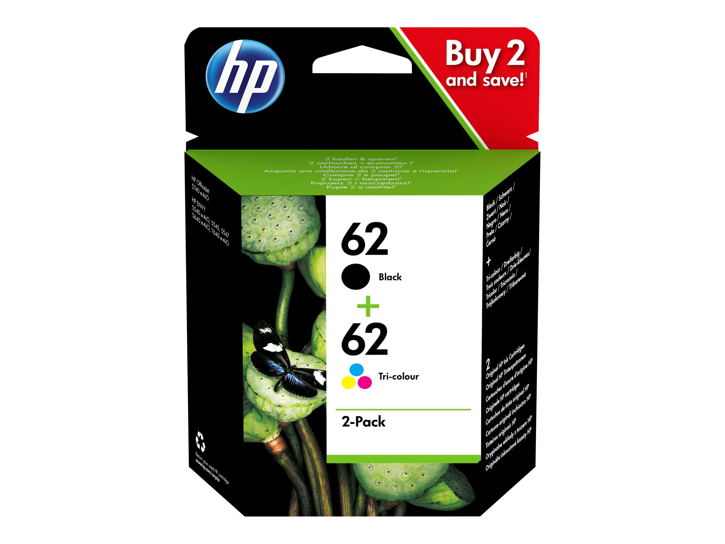 HP 62 - 2er-Pack - pigmentiertes Schwarz Farbe (Cyan Magenta Gelb)