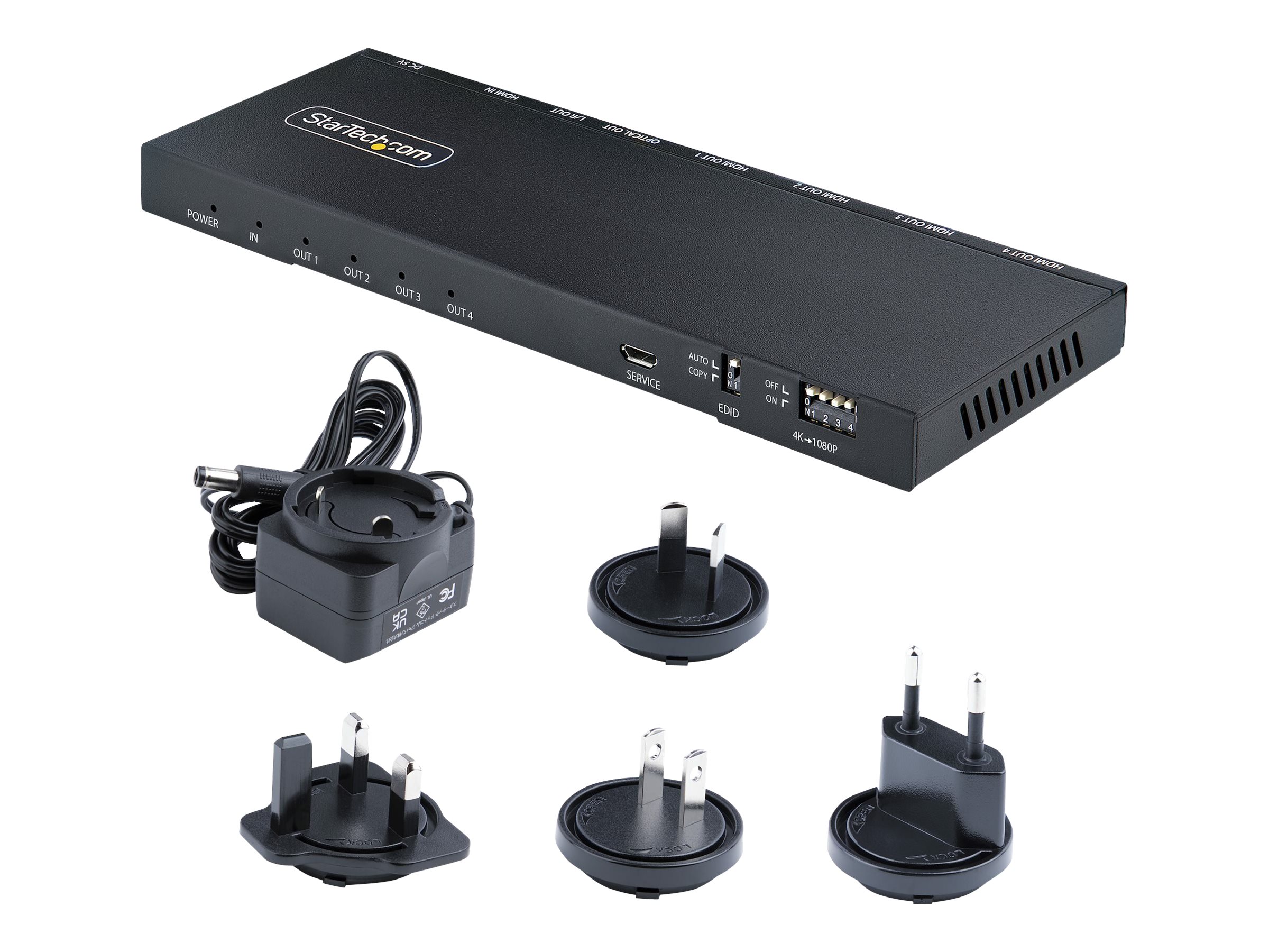 StarTech.com 4-Port HDMI Splitter 4K 60Hz HDMI 2.0 Video 1 In 4 Out HDMI Splitter 4K HDMI Splitter wBuilt-in Scaler 3.5mmOptical Audio Port Durable Metal Housing HDRHDCP - 1x4 HDMI DisplayOutput Splitter (HDMI-SPLITTER-44K60S)